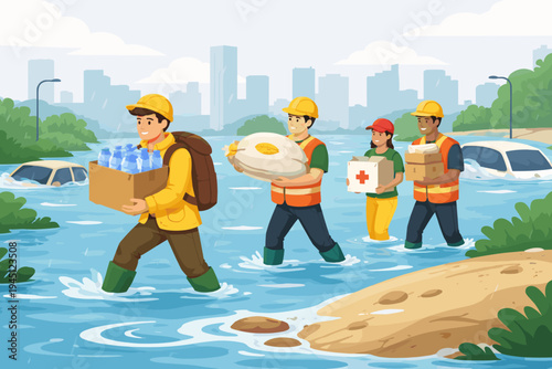 Rescue Workers and Volunteers Carrying Food, Water, and First Aid Supplies Through Flooded City Streets During a Natural Disaster, Emergency Relief Effort in Urban Area Vector Illustration.
