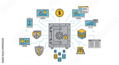 Secure digital bank safe box connected to various financial icons for banking, money storage, and online payment transactions.