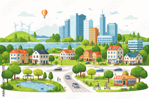Modern sustainable city plan vector illustration featuring urban skyscrapers, residential houses, lush green parks, a scenic lake, renewable energy wind turbines, and active people in a flat style.