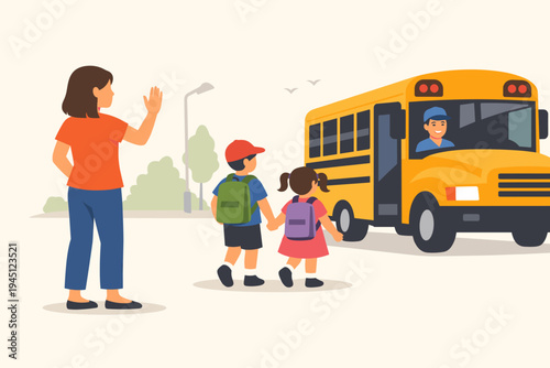 Mother Waving Goodbye to Her Children as They Board a Yellow School Bus for the First Day of School, Flat Vector Illustration of Kids with Backpacks Going to School with Smiling Bus Driver.