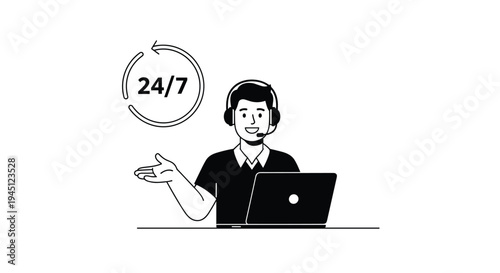 Male customer support representative wearing a headset and working on his laptop with a twenty four seven icon.