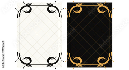 Pair of Luxury Decorative Frames in Black and Gold with Intricate Swirl Corners and a Diamond Patterned Background for Formal Invitations
