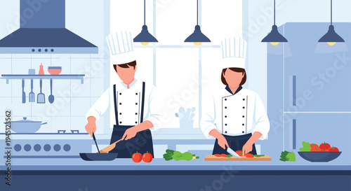 Two professional chefs in white uniforms preparing food together in a modern commercial kitchen with fresh vegetables.