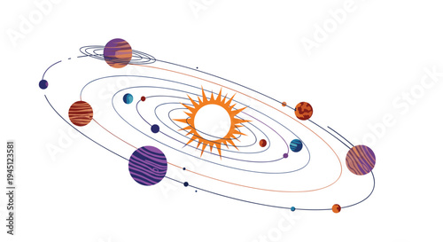 Educational diagram of the solar system showing the sun and planets orbiting in various elliptical paths on white.