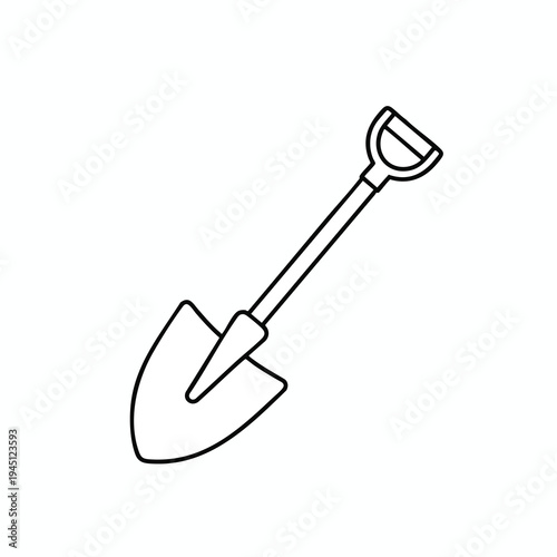 A black line drawing of a shovel on a white background