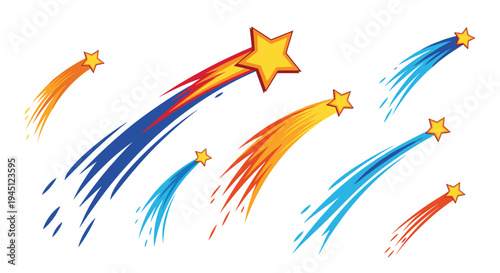 Collection of colorful shooting stars with long tails flying across the frame in various directions and vibrant hues.