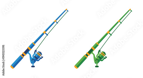 Two colorful fishing rods with reels are displayed against a white background