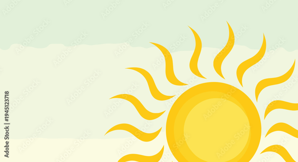 Naklejka premium Bright yellow sun with wavy rays shining in a soft blue sky with faint white clouds at the bottom edge of the frame.