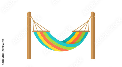 Colorful striped hammock suspended between two wooden support posts
