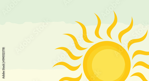 Bright yellow sun with wavy rays shining in a soft blue sky with faint white clouds at the bottom edge of the frame.