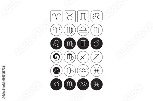 Collection of astrological symbols representing zodiac signs and planetary alignments