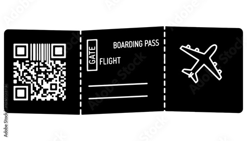 A black boarding pass icon with a white airplane and QR code
