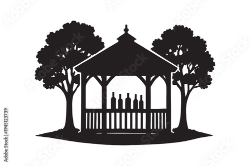 Black and white silhouette of a gazebo with bottles inside