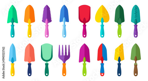 Colorful garden hand tools arranged in rows on a white background