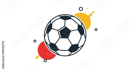 Traditional black and white soccer ball with decorative red and yellow circles and dots in the background on white.