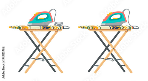 Two colorful cartoon illustrations of irons on ironing boards