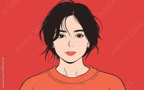A young woman with dark hair smiles at the viewer. She wears an orange shirt. The background is bright red.