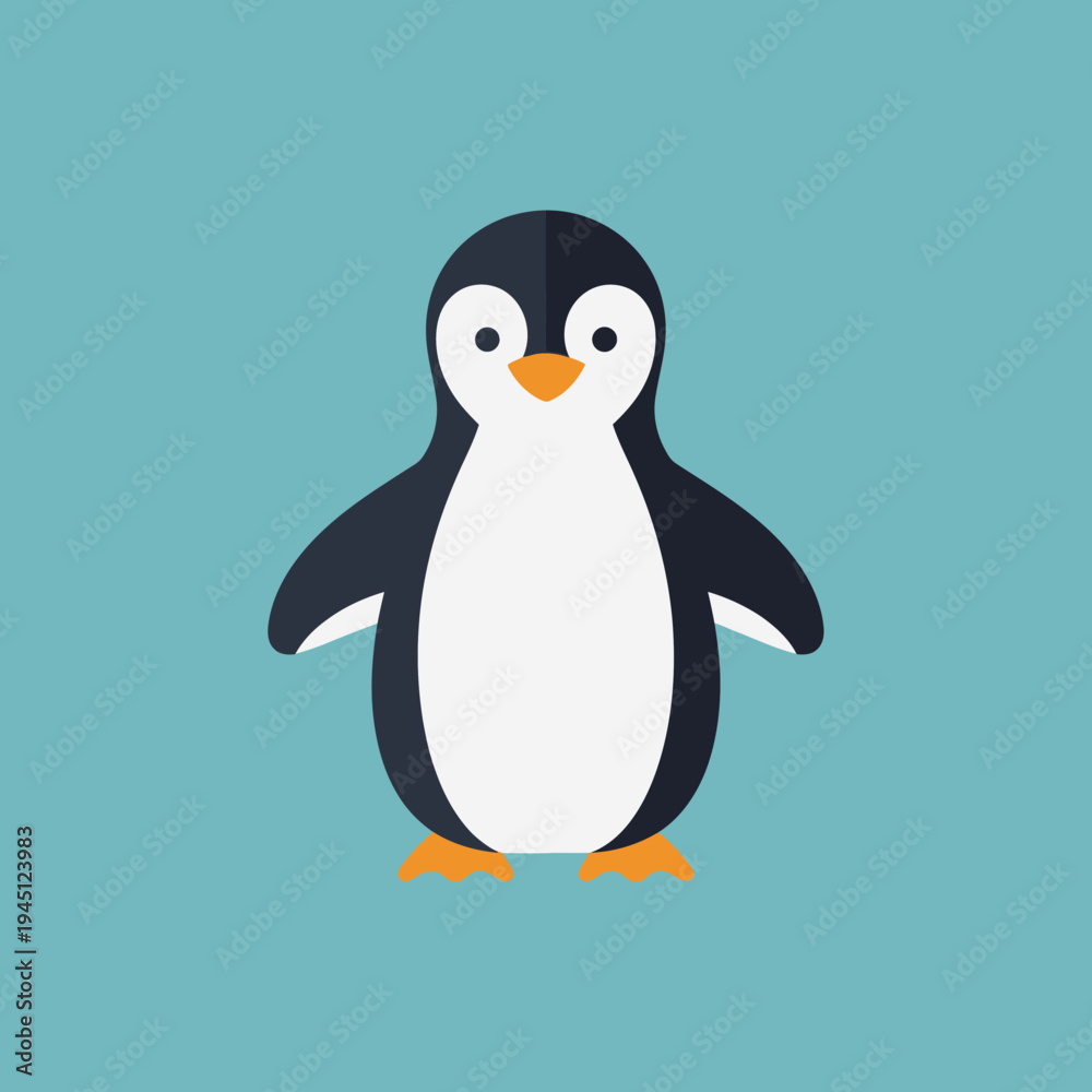 Naklejka premium A cute cartoon penguin standing on a blue background with a happy expression