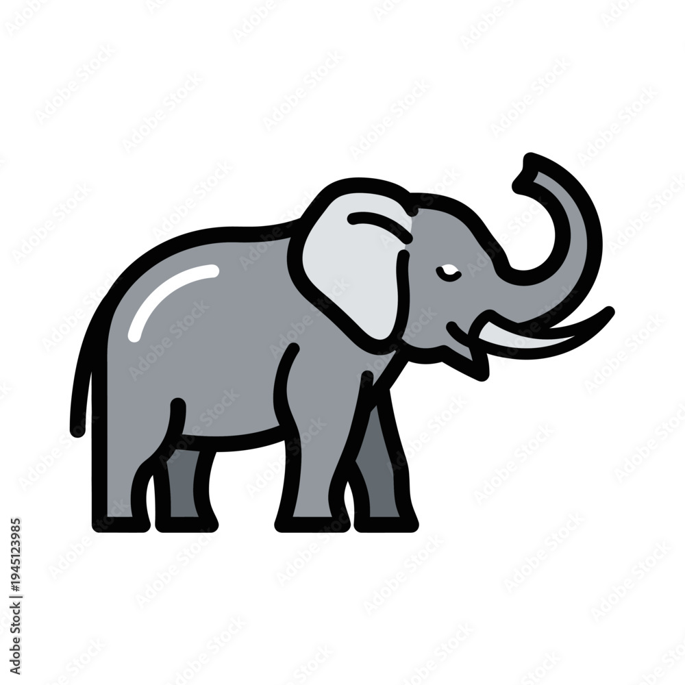 Obraz premium A cartoon elephant with a raised trunk stands on a white background