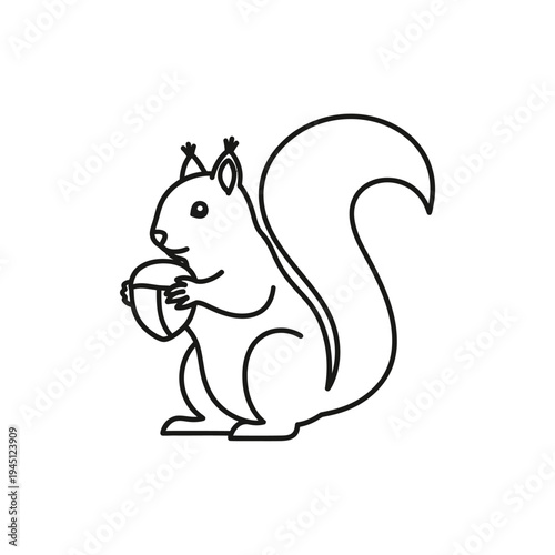 A cute cartoon squirrel holding an acorn in a simple line drawing style