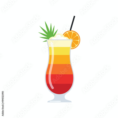 Layered tropical cocktail in hurricane glass with orange slice & garnish