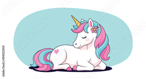 Beautiful white unicorn with a colorful mane and tail lying down peacefully against a blue circular background.