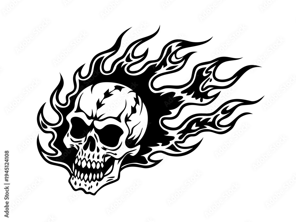 Fototapeta premium Flaming skull tattoo style gothic illustration isolated on white