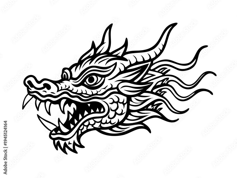 Obraz premium Asian dragon head tattoo style black line illustration isolated on white