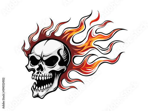 Flaming skull tattoo style illustration with fire isolated on white