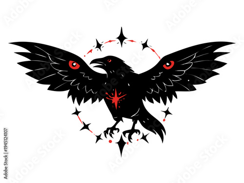 Black raven with spread wings gothic tattoo style illustration