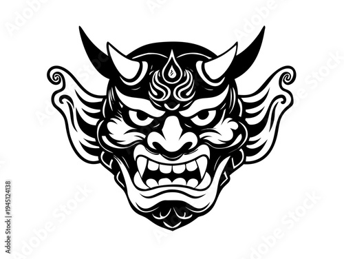 Japanese oni demon mask tattoo style illustration isolated on white