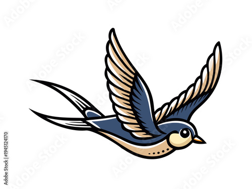 Colorful swallow bird flying vintage tattoo style illustration