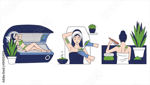 Modern Beauty & Wellness Solarium, Waxing, and Scrub Treatment Illustration Set