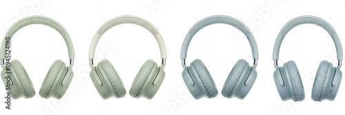 Four pairs of headphones in different colors facing outward