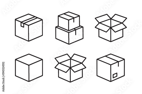 Illustrations of cardboard boxes in various states of assembly