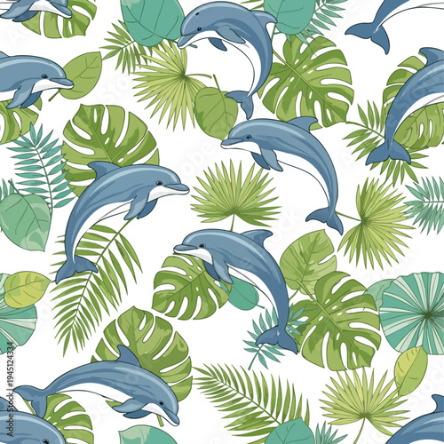 Blue dolphins swim among lush green tropical leaves in a seamless pattern