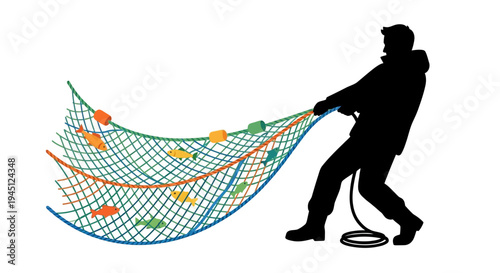 Fisherman pulling a net filled with colorful fish from the sea