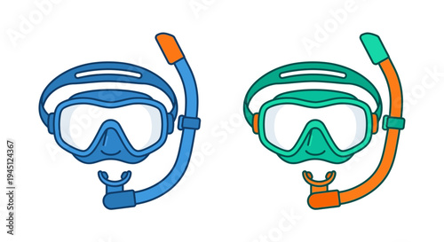 Two colorful snorkeling masks and snorkels are displayed side by side