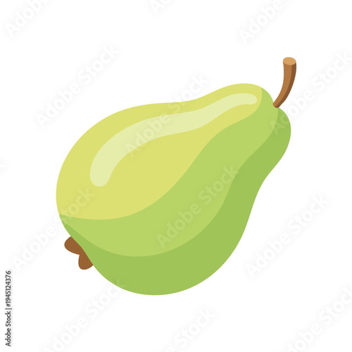A simplified, stylized green pear with a brown stem and blossom end