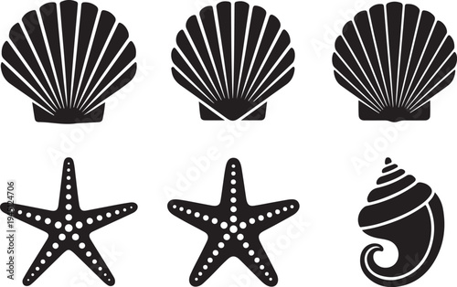 Black and white sea shell and starfish silhouettes