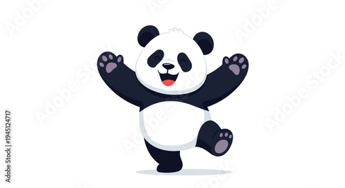 Adorable cartoon panda bear with a big smile and open arms dancing happily on a clean plain white background.