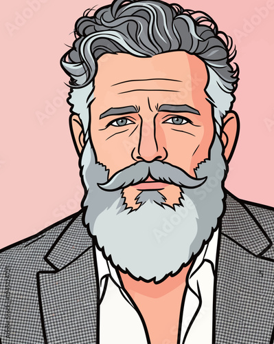 A man stands with a gray beard and hair wearing a suit. He has a serious facial expression. The background is pink.