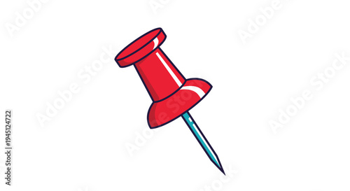 Simple red push pin illustration with a sharp metal point and highlights representing a location or task on white.