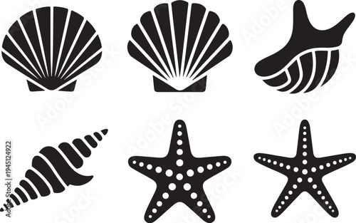 Black and white sea shell and starfish silhouettes
