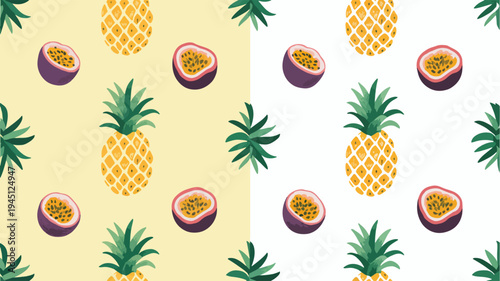 Seamless pattern of pineapples and passion fruits on contrasting yellow and white backgrounds tropical fruit illustration