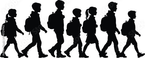 Children silhouette walking, school backpacks, students line, education routine, childhood journey, learning path, kids group, vector art, black outline illustration