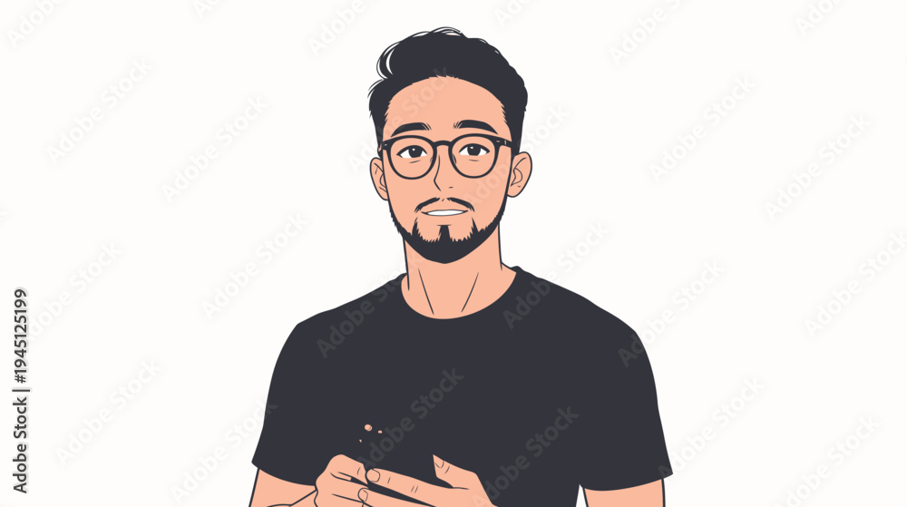 Fototapeta premium A man with glasses stands and holds a smartphone in his hands. He appears focused and casual in his posture and attire.