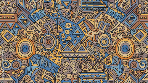 Vibrant geometric pattern with blue, orange, and yellow shapes and designs.