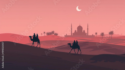 illustration silhouette camels in the desert and grand mosque in the background