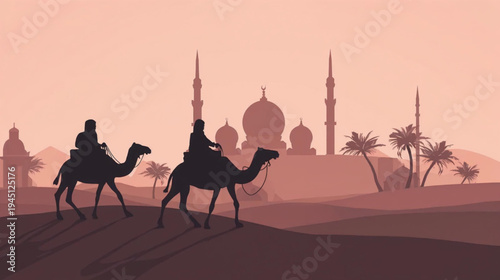 illustration silhouette camels in the desert and grand mosque in the background